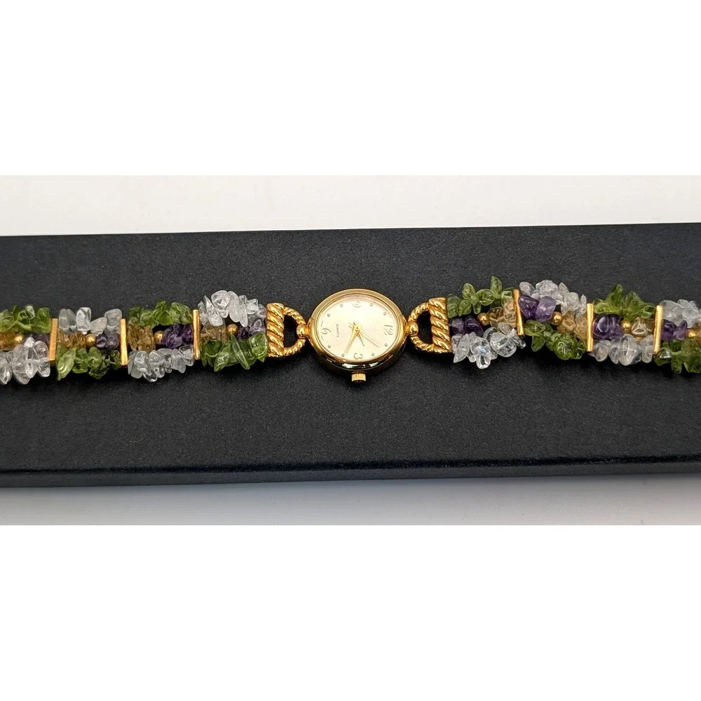 Quartz Crystal Mixed Gemstone Bracelet Watch Gold Tone Japanese Movement 7